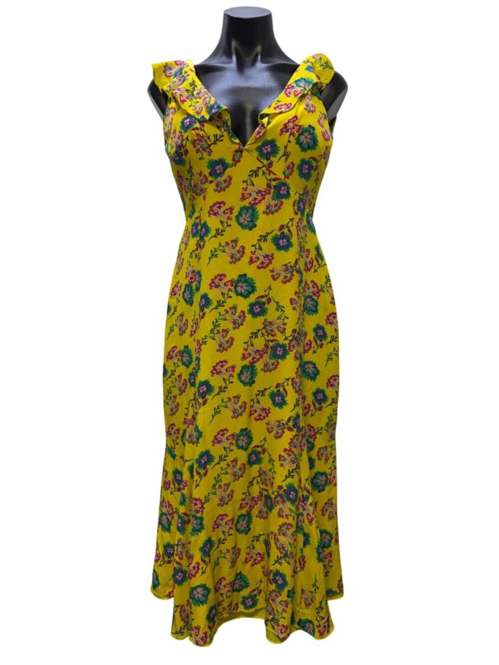 Saloni Holly Yellow Floral Ruffle Silk Midi Dress Size 4